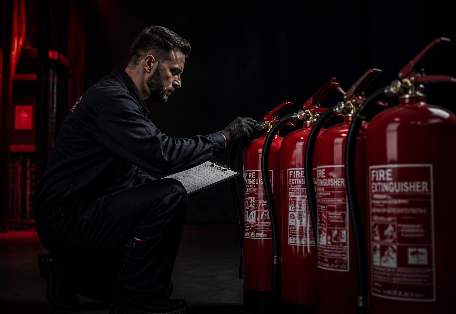 Técnico da Extingás inspecionando extintores de incêndio em ambiente industrial